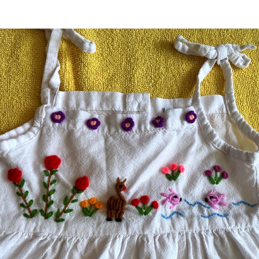 Handmade Peruvian Embroidered Llama Dolphin Sun Dress Kids Size 4 White
